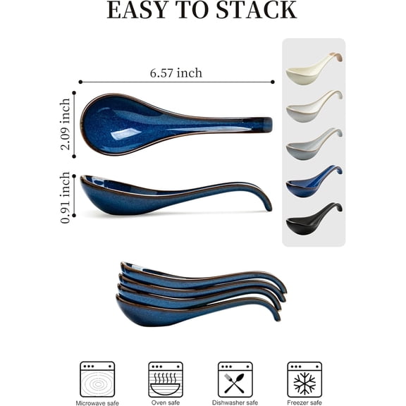 TYHREF-Soup Spoons set of 6, Chinese Deep Soup Spoon - 6.5 inch Ceramic Korean Tablespoons for Ramen, Rice, Noodle, Asian Spoons with Deep Hook Design, Vintage Blue