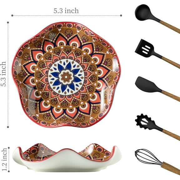 TYHREF-Spoon Rest for Stove Top, 5.3in Spoon Holder Utensil Rest, Ceramic Spoon Rests for Kitchen Counter Bohemian Style Cooking Gift for Housewarming