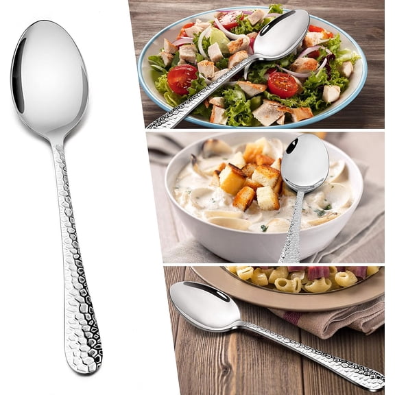 TYHREF-Stainless Steel Hammered Dinner Spoons Set, 6-Piece Modern Silver Large Soup Spoons for Home, Kitchen, Restaurant, Round Edge & Mirror Polished, Dishwasher Safe - 7.9 Inches