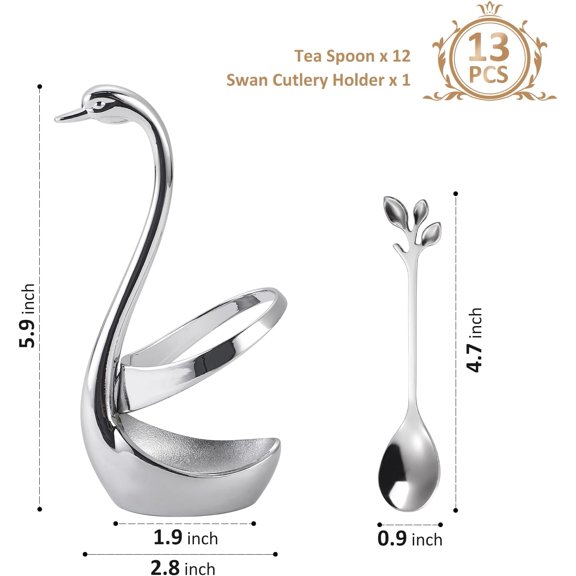 TYHREF-Stainless Steel Silver Creative Dinnerware Set - Decorative Swan Base Holder with 12 Leaf Spoons for Coffee, Fruit,Dessert,Stirring, Mixing, Sugar, Stir, Ice Cream, Cake, Teaspoon (Silver)