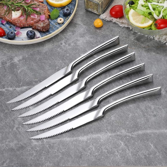 TYHREF-Stainless Steel Steak Knives Set of 6,Forge Steak Knife,Serrated Steak Knives Set,6 Piece Heavy Steak Knives-10 inch,Mirror Polished,Dishwasher Safe