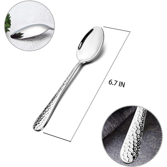 TYHREF-Stainless Steel Teaspoons Set of 12, Modern Hammered Silverware Flatware Dessert Spoons for Home, Kitchen, Restaurant, Round Edge & Mirror Polished, Dishwasher Safe - 6.7 Inches