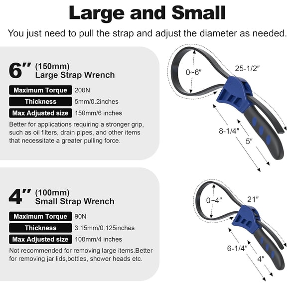 TYHREF-Strap Wrench Set, 2pcs Adjustable Rubber Strap Wrench, Oil Filter Strap Wrench, Max Diameter 4" and 6" with Rubber Belt, Jar Opener for Weak Hands