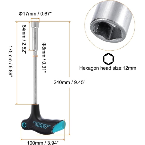 TYHREF-T-Handle Metric Nut Driver 12mm Dia 175mm Shank 6 Point Hex Socket Screwdriver with Non-Slip Handle for Tightening and Loosening Fasteners