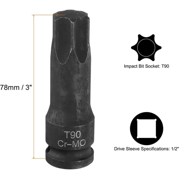 TYHREF-T90 Torx Bit Socket 1/2" Drive 6 Point Torx Star Screwdriver Socket Adapter CR-MO Steel Lengthen Impact Bit Sockets for Electric Ratchet Wrenches Fastening Screws