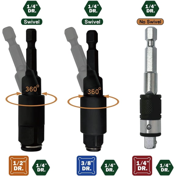 TYHREF-Tool 2-in-1 Swivel Impact Socket Adapter Set, 3PC, Multi-Function, 1/4", 3/8", 1/2" Drives, Impact-Grade, 360 Swivel, Magnetic bit holder, Cr-Mo Steel, USA Patent, Power Drill & Impact Wrench