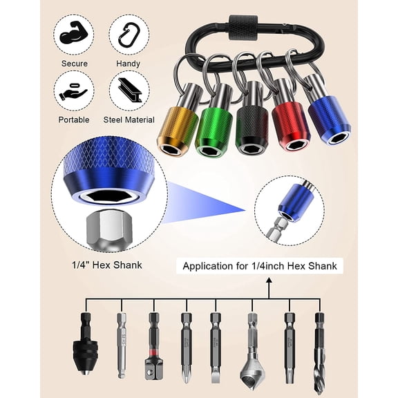 TYHREF-Tool Gifts, Upgrade, Steel Material, 5PCS 1/4 Inch Hex Shank Screwdriver Bits Holder Extension Bar Screw Adapter Drill Handy Heavyduty Keychain Bit Holder for Electric Screwdrivers, 5 Colors