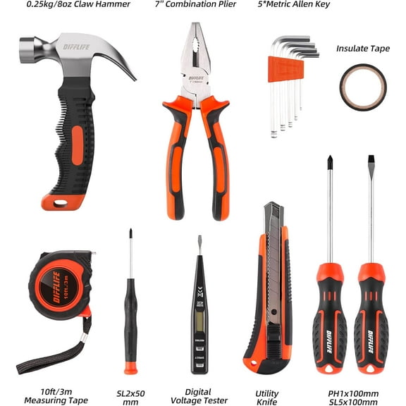 TYHREF-Tool Sets Household Tool Kit 15-Piece,General Home/Auto Repair Tool Set with Hammer, Pliers, Screwdriver Set and Toolbox Storage Case - Perfect for Homeowner, Diyer, Handyman (15-Piece)