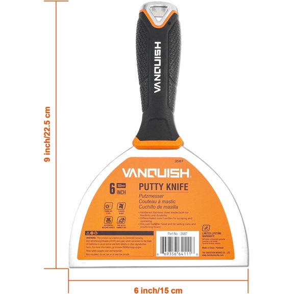 TYHREF-VANQUISH Stainless Steel Putty Knife, 6 Inch Paint Scraper with Soft Grip Handle and Metal Hammer End for Drywall Spackle, Taping, Scraping Paint 3587