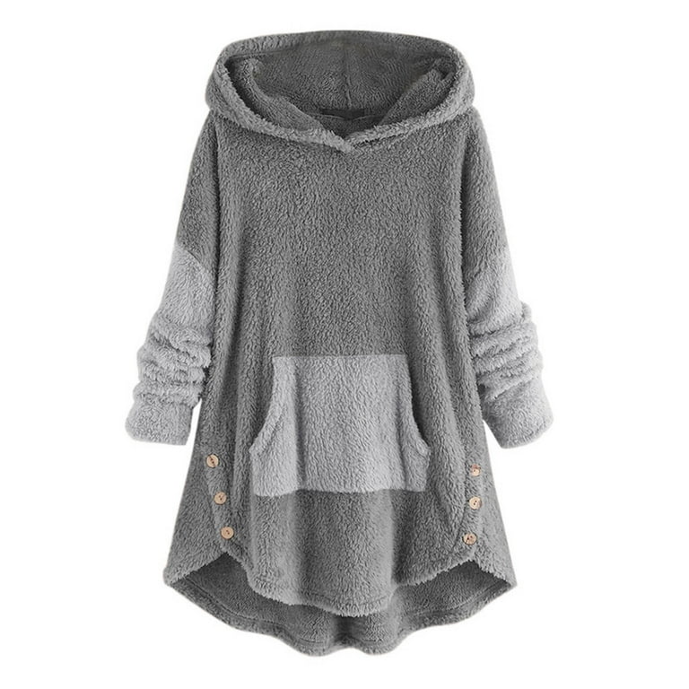 TYLBkk CLEARANCE Plus Size Sweatshirts For Women Hoodies Pullover Women Sherpa Fleece 0176 Button H Top Women Winter Asymmetrical Hem Top Blouse