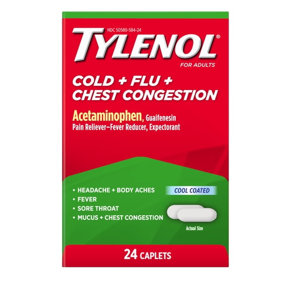 Tylenol Cold + Flu + Chest Congestion Caplets, Non-Drowsy, 24 Count