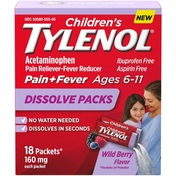 TYLENOL Children's Dissolve Powder Packets with 160 mg Acetaminophen, Wild Berry 18 ct (Pack of 2)