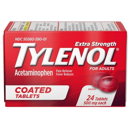 TYLENOL Extra Strength Coated Tablets, Acetaminophen Adult Pain Relief & Fever Reducer 24 ct (Pack of 6)