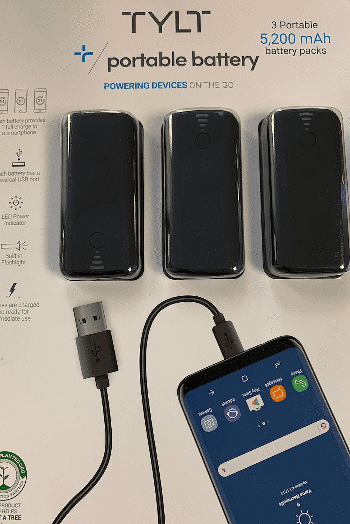 TYLT High Capacity 5200mAh 3Pack Power Bank, Portable Charger Pack with Builtin Light for