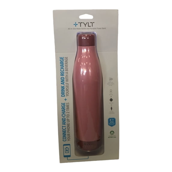 TYLT Power Bottle 17oz Beverage Bottle with 5700mAh Device Charger, Pink