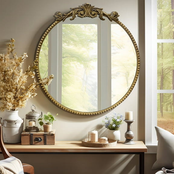 TYLif Baroque Style Round Wall Mirror, 24-Inch, Gold, Beveled Glass