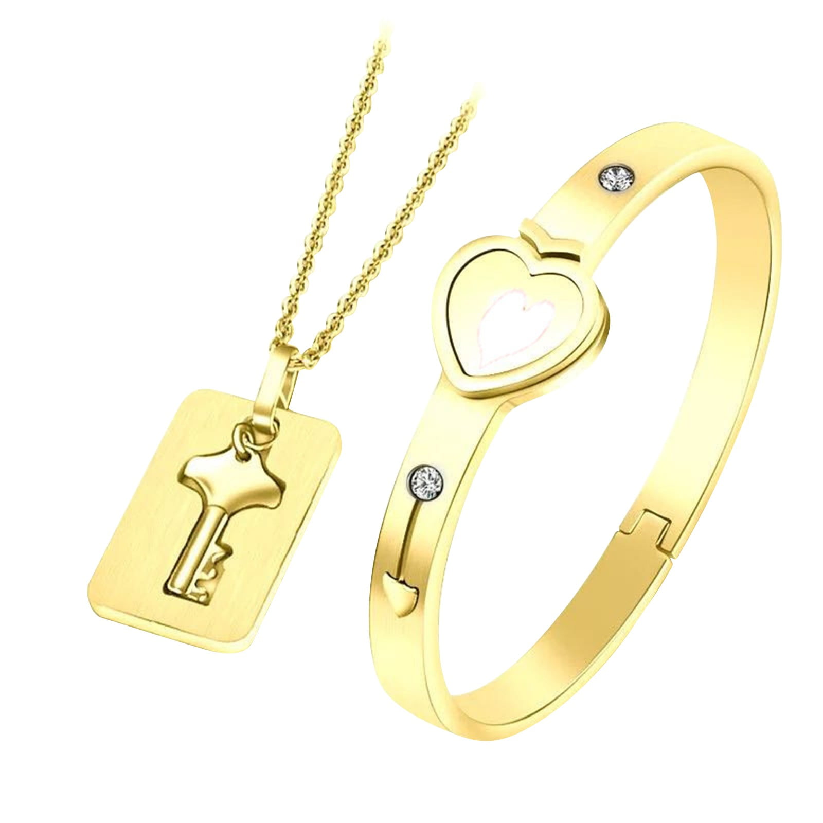 Matching Heart Key Necklace & Lock Bracelet Jewelry Set for