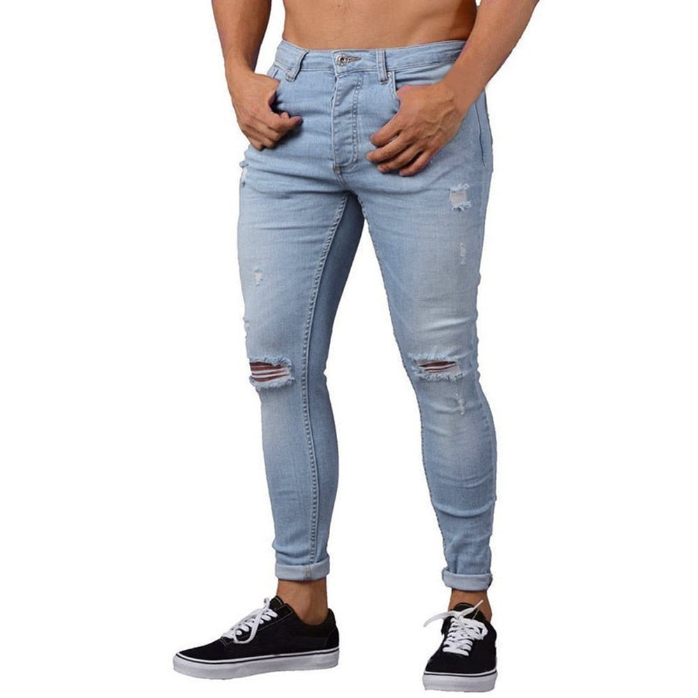 TYMEIK Men's Ripped Destroyed Jeans Stretchy Knee Holes Slim Fit Tapered  Leg Denim Pants