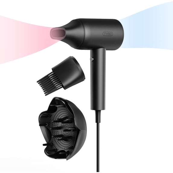 TYMO Ionic Hair Dryer with Diffuser & Comb Attachment, 300M Ions Blow Dryer for Curly Hair, Lightweight Travel Size with Cool Shot Button, Black