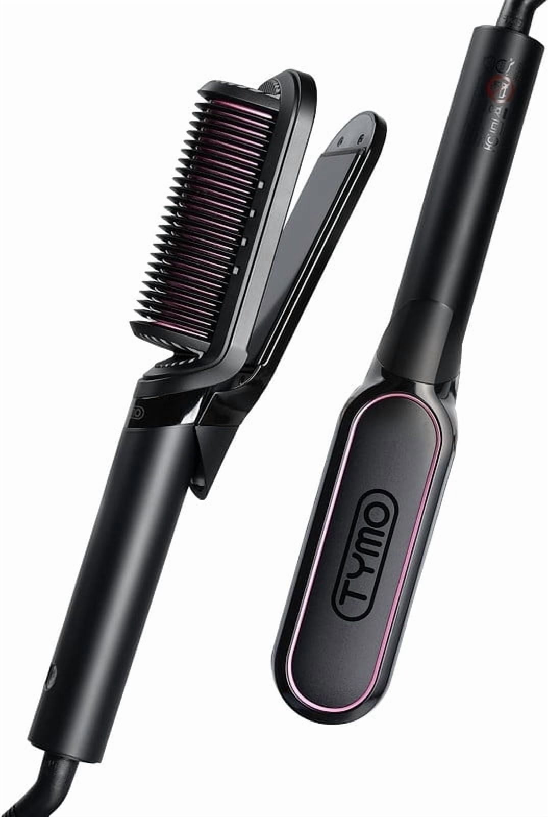 TYMO Ionic Hair Straightener Brush 2-in-1 Flat Iron, 200M Ions Ceramic Hot Comb, Dual Voltage, Anti-Frizz Styling for Straight, Waves & Curls, Black
