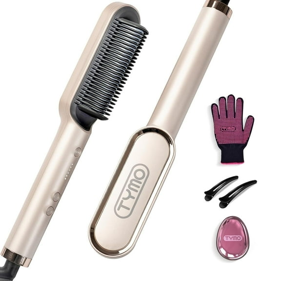TYMO Ring Hair Straightener Brush, Flat Iron Comb, 5 Temp Settings & 20s Fast Heating, Dual Voltage, Gold