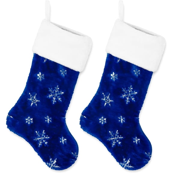 TYMZDYN 2 Pack Christmas Stockings Large 22 inches Blue Silver Snowflake Pattern Hanging Stockings Classic Xmas Hanging Decorations for Christmas Party Home Fireplace Decor Family Friend Gift