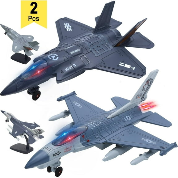 TYMZDYN 2 Pcs Metal Fighter Army Toy Airplane Model with Sound & Light, Pull Back Alloy Plane Military Toy Diecast Jet Toy, Birthday Gift (With Display Stand)