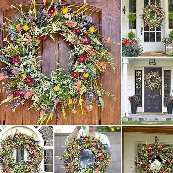TYMZDYN 20" Spring Wreaths for Front Door Welcome Summer Flower Weatherproof Greenery All Seasons Round Wreaths Rustic Decor(Large)