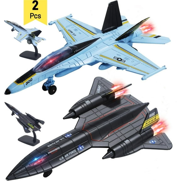 TYMZDYN 2Pcs Metal Fighter Army Toy Airplane Model with Sound & Light, Pull Back Alloy Plane Military Toy Diecast Jet Toy, Birthday Gift(With Display Stand)