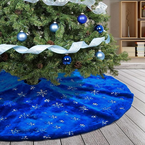 TYMZDYN Blue Christmas Tree Skirt Plush 36 inches Dark Blue Fur Christmas Tree Skirt with Silver Sequin Snowflake Xmas Tree Skirt Mat for New Year Holiday Christmas Day Decorations