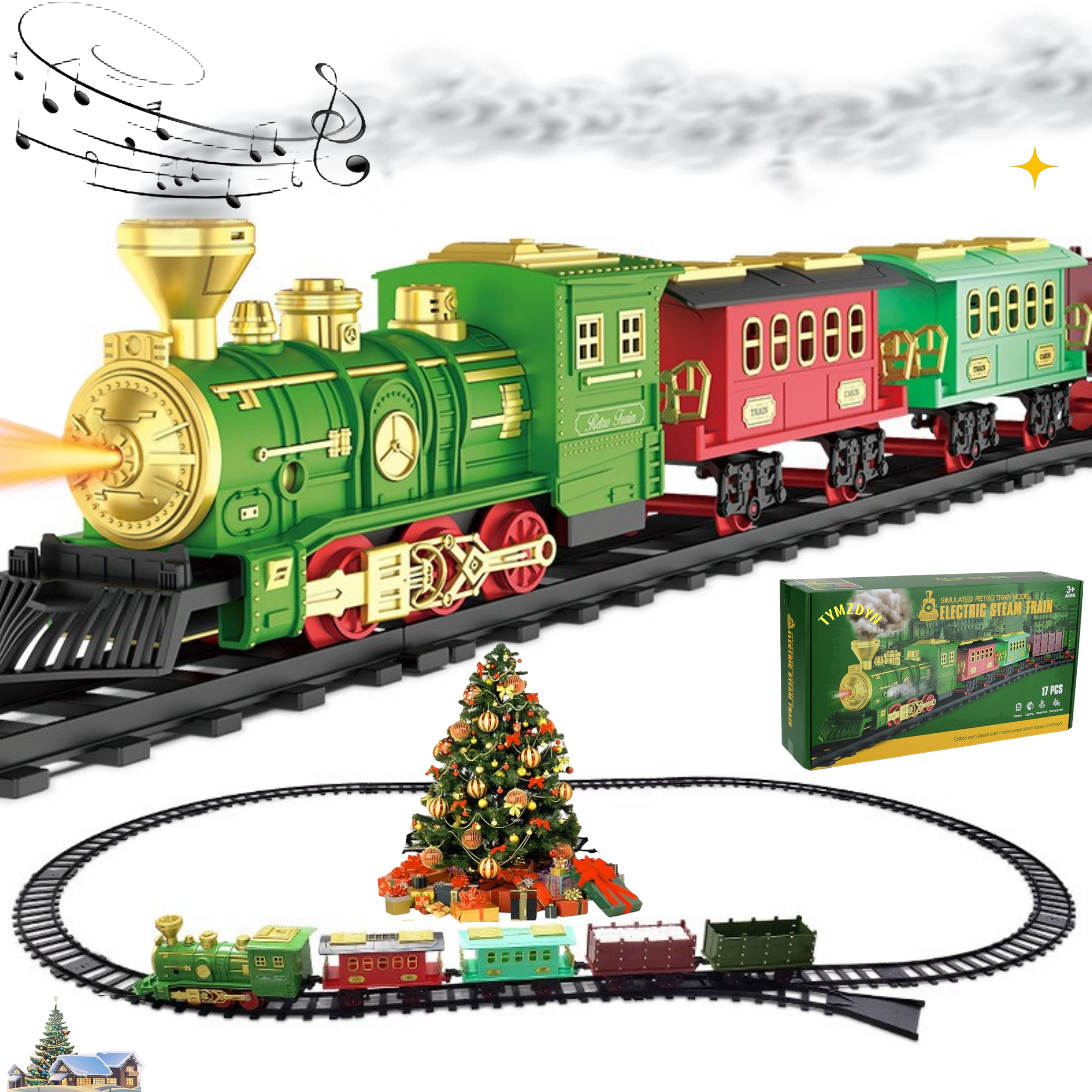 TYMZDYN Electric Train Set with Smoke and Light for Toddlers Age 3 4 5 Year Old: Christmas Train Sets for Around The Tree with Adjustable Sound and Music Christmas Birthday Gift for Kids Age 6 7 8+