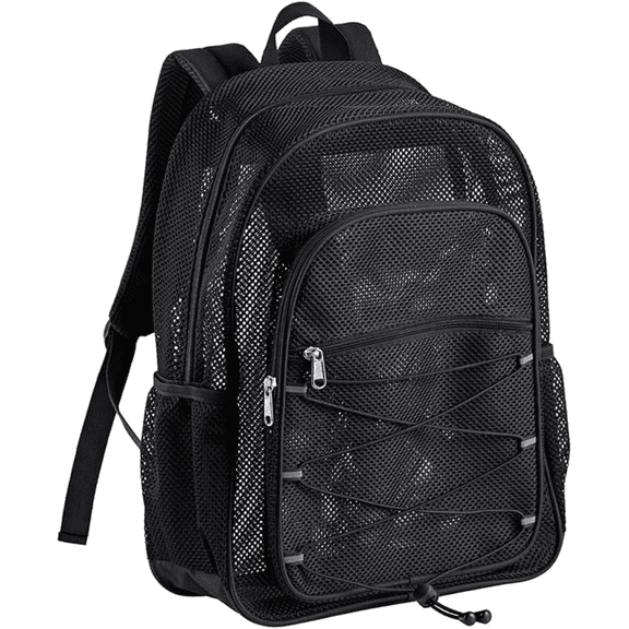 Heavy Duty Mesh Backpack, See Through College Mesh Backpack with Bungee and Comfort Padded Straps for Commuting, Swimming, Beach, Outdoor Sports(Black)