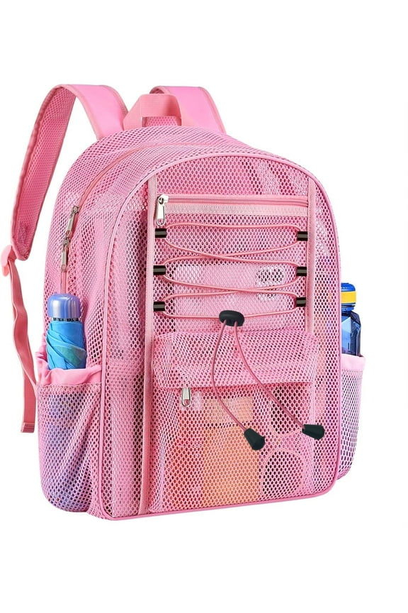 TYMZDYN Heavy Duty Mesh Backpack, See Through College Mesh Backpack, Semi-transparent Mesh Bookbag with Bungee and Comfort Padded Straps for Commuting, Swimming, Beach, Outdoor Sports (Pink)