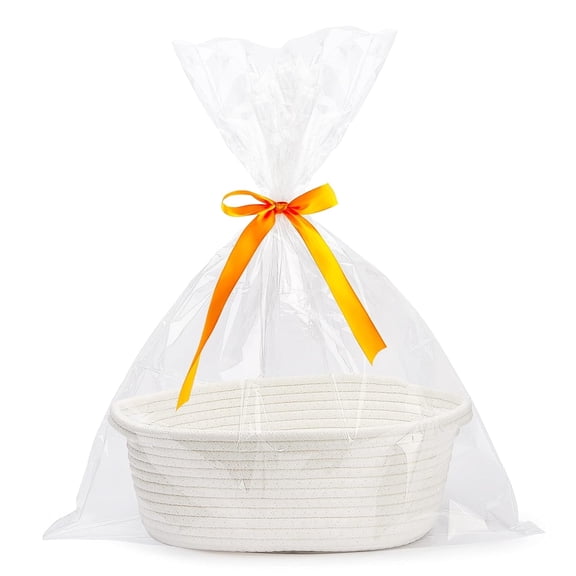 TYMZDYN Small Woven Basket with Gift Bags and Ribbons Sturdy Baskets for Fathers Day Gifts Empty Small Rope Basket for Storage 12"X 8" X 5" Baby Toy Basket with Handles, White