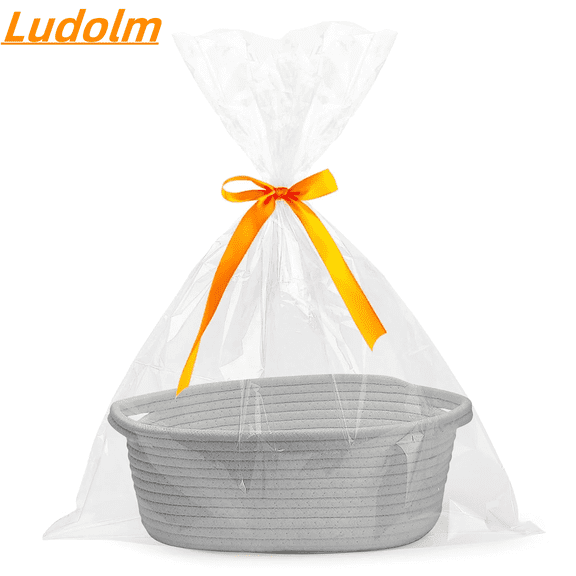 TYMZDYN Small Woven Basket with Gift Bags and Ribbons Sturdy Baskets for Fathers Day Gifts Empty Small Rope Basket for Storage 12"X 8" X 5" Baby Toy Basket with Handles, White