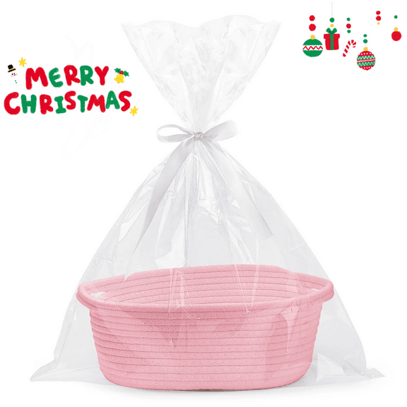 TYMZDYN Small Woven Basket with Gift Bags and Ribbons Sturdy Baskets for Fathers Day Gifts Empty Small Rope Basket for Storage 12"X 8" X 5" Baby Toy Basket with Handles, White