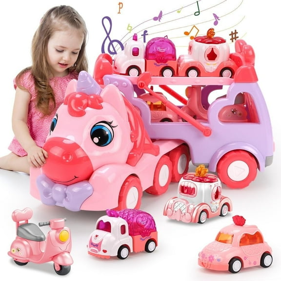 TYMZDYN Toddler Car Toys for 1 2 3 4 Year Old Girl, 5-in-1 Pink Princess Truck Girl Cars for Toddlers 1-3 with Light & Sound, Toddler Girl Toys Age 1-2 2-4,Birthday Gifts for Baby Girl Toys