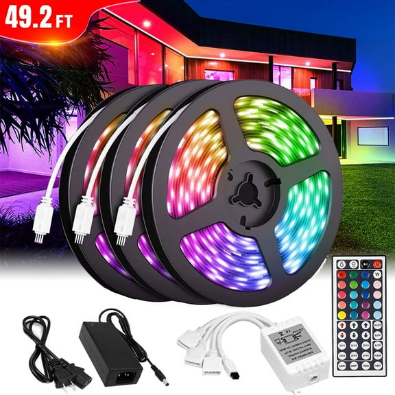 TYNZEO 49.2ft/15M RGB 3528 Waterproof LED Strip light Color Changing LED Rope Lights with 44 Key Remote and 12V US Power Full Kit for Home,Bedroom,Kitchen,Bar,Party