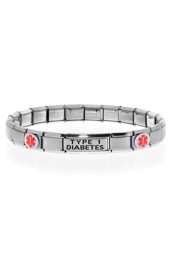TYPE 1 DIABETES Medical Alert ID Bracelet, Modular Charm Style - SIZE OPTION B