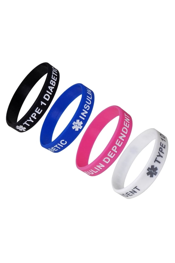 TYPE 1 DIABETIC INSULIN DEPENDENT Kid's Size Silicone Wristbands - Black, White, Blue and Pink (4 Pack)