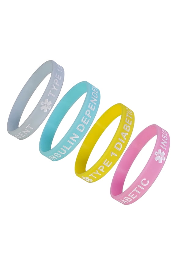 TYPE 1 DIABETIC INSULIN DEPENDENT Medical Alert ID Silicone Bracelet Wristbands Pastels 4 Pack