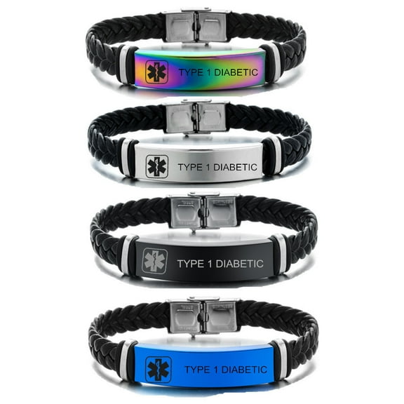 TYPE 1 DIABETIC Medical Jewelry Set for Men Women,4Pcs Stainless Steel Braided Leather Name Medic Condition ICE ID Bracelets Set Health Alert Monitoring Systems,4 Packs
