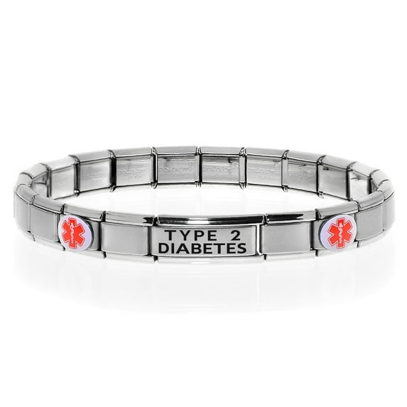 TYPE 2 DIABETES Medical Alert ID Bracelet, Modular Charm Style - SIZE OPTION F
