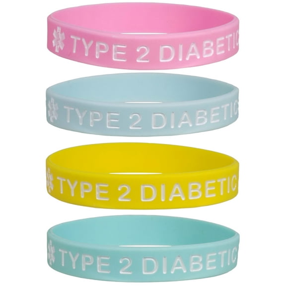 TYPE 2 DIABETIC Medical Alert ID Silicone Bracelet Wristbands Pastels 4 Pack