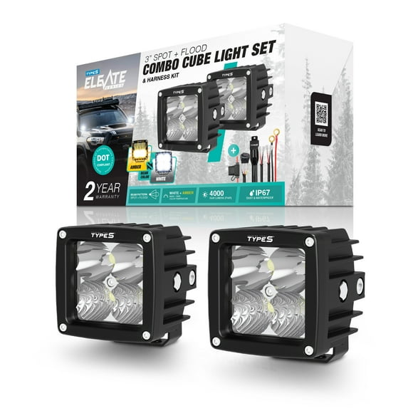 TYPE S - Elevate 3 Inch Spot + Flood Combo Beam Cube Pod Light Set and Harness Kit - DOT Compliant - 4,000 Total Raw Lumens, Waterproof, Die-cast, Off Road Lights, Truck, Jeep, UTV, ATV, SUV, 2 Pack