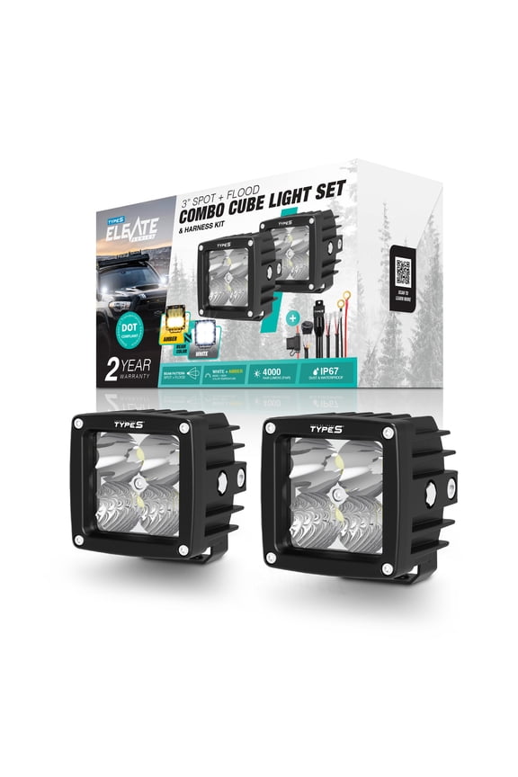 - Elevate 3 Inch Spot + Flood Combo Beam Cube Pod Light Set and Harness Kit - DOT Compliant - 4,000 Total Raw Lumens, Waterproof, Die-cast, Off Road Lights, Truck, Jeep, UTV, ATV, SUV, 2 Pack