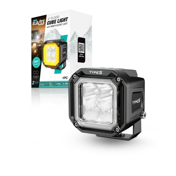 TYPE S - Elevate 4 Inch Flood Beam Cube Pod Light With Amber Accent Light - DOT Compliant - 2660 Raw Lumens, Waterproof, Die-cast, Off Road Lights, Truck, Jeep, UTV, ATV, SUV, 1 Pack