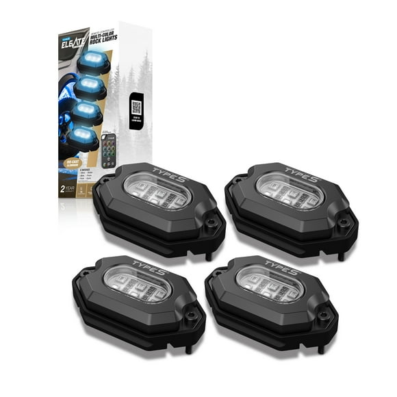 TYPE S - Elevate Remote-Controlled Multicolor LED Rock Lights - 4 Die-cast RGB Rock Lights, 15 Colors, 6 Light Modes, Brightness Control, IP65, Wireless Remote, Truck, Jeep, UTV, ATV, UTV, 4 Pods