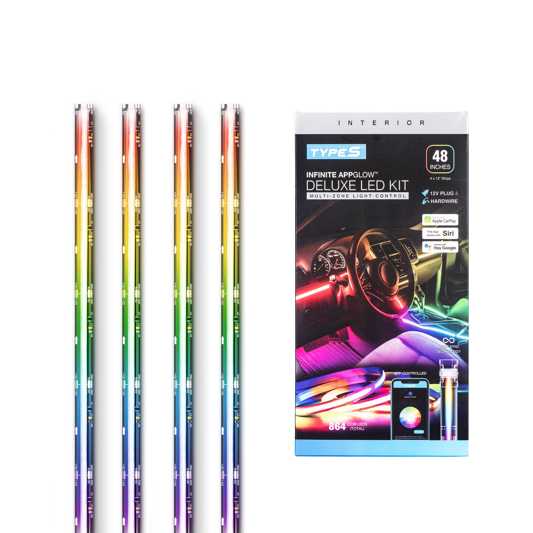 TYPE S - Infinite AppGlow Multicolor Ambient Lighting - Car LED Strip Lights, CarPlay Compatible, Siri & Hey Google Voice-Control, Custom Presets, Control Zones, 12V, 4 x 12" RGB Strips, 48 Inches