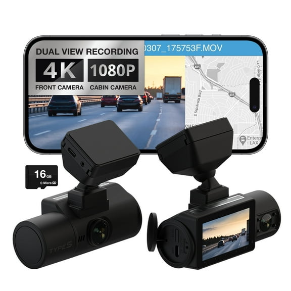 TYPE S S402 4K Dual View Car Dash Cam with 1080P Interior surveillance Infrared camera, Wireless video access via App Control, 24H Smart G-sensor monitoring, Night Vision, 16GB memory card included